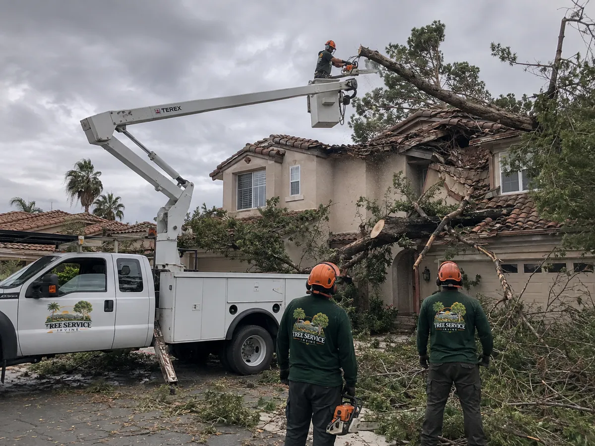 Emergency tree service in Irvine for a storm-damaged tree on a residential property