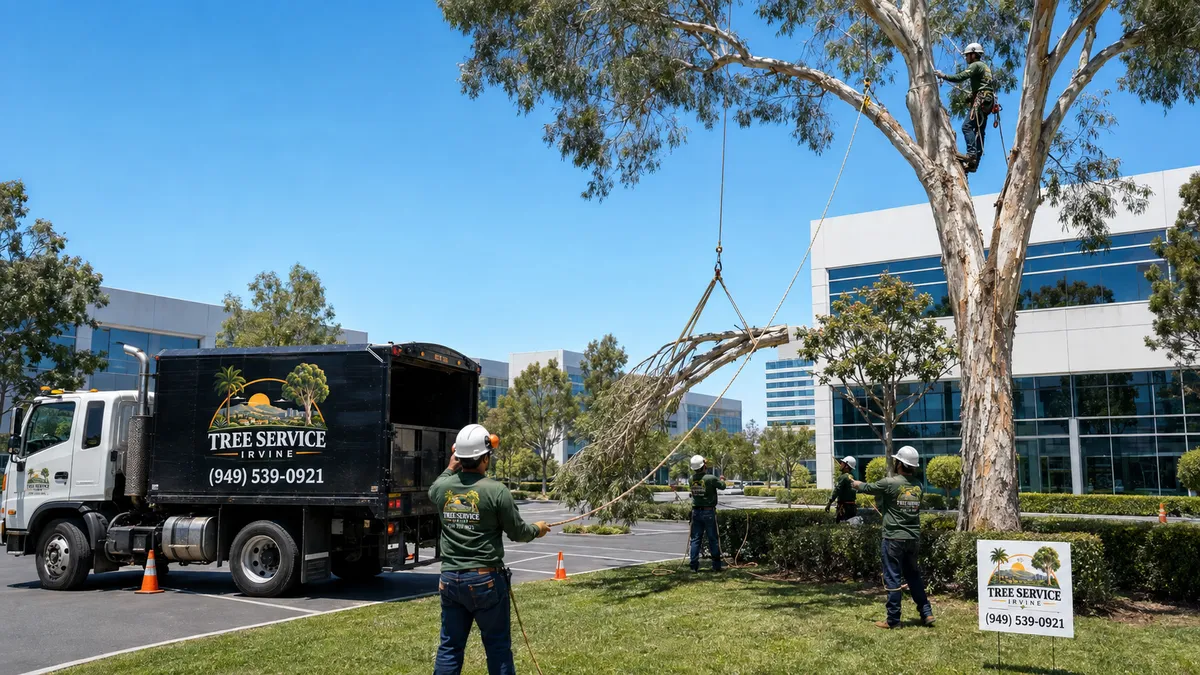 Eucalyptus tree removal in Irvine with a controlled rigging operation