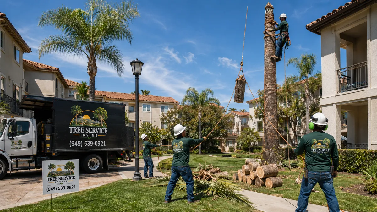 Palm tree removal in Irvine with the trunk dismantled in controlled sections