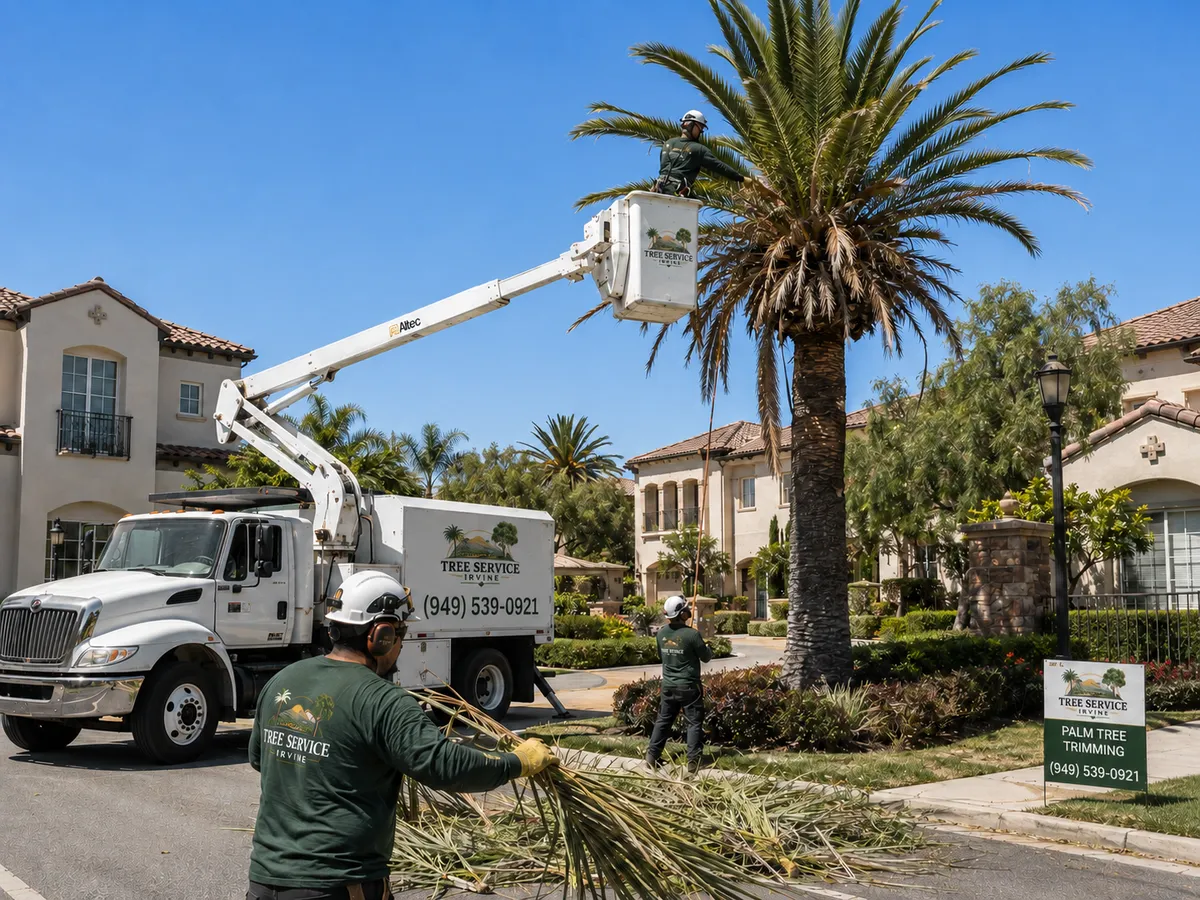 Palm tree trimming in Irvine using an aerial bucket truck