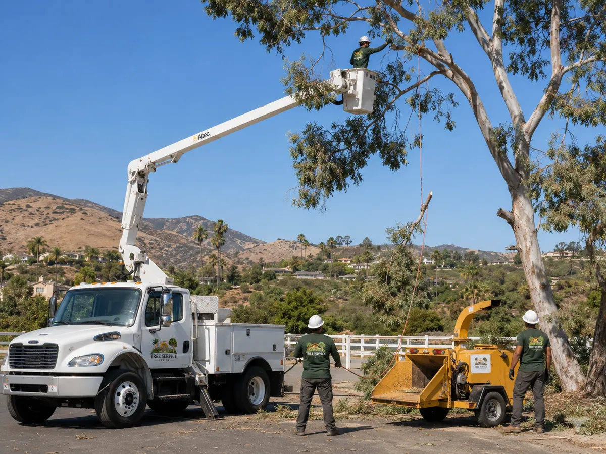 Tree pruning work using a bucket truck on an Orange County residential property