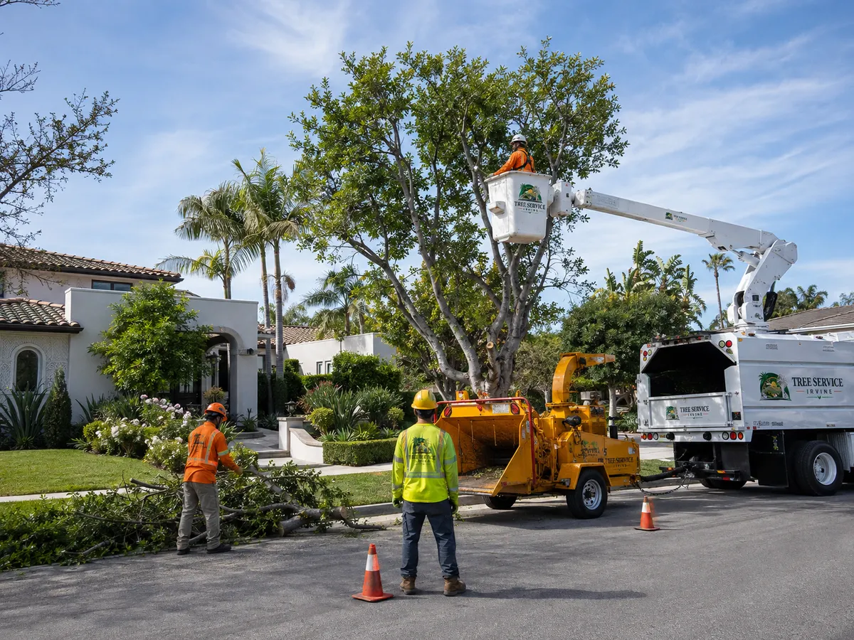 Tree trimming crew pruning a residential tree in Irvine, CA